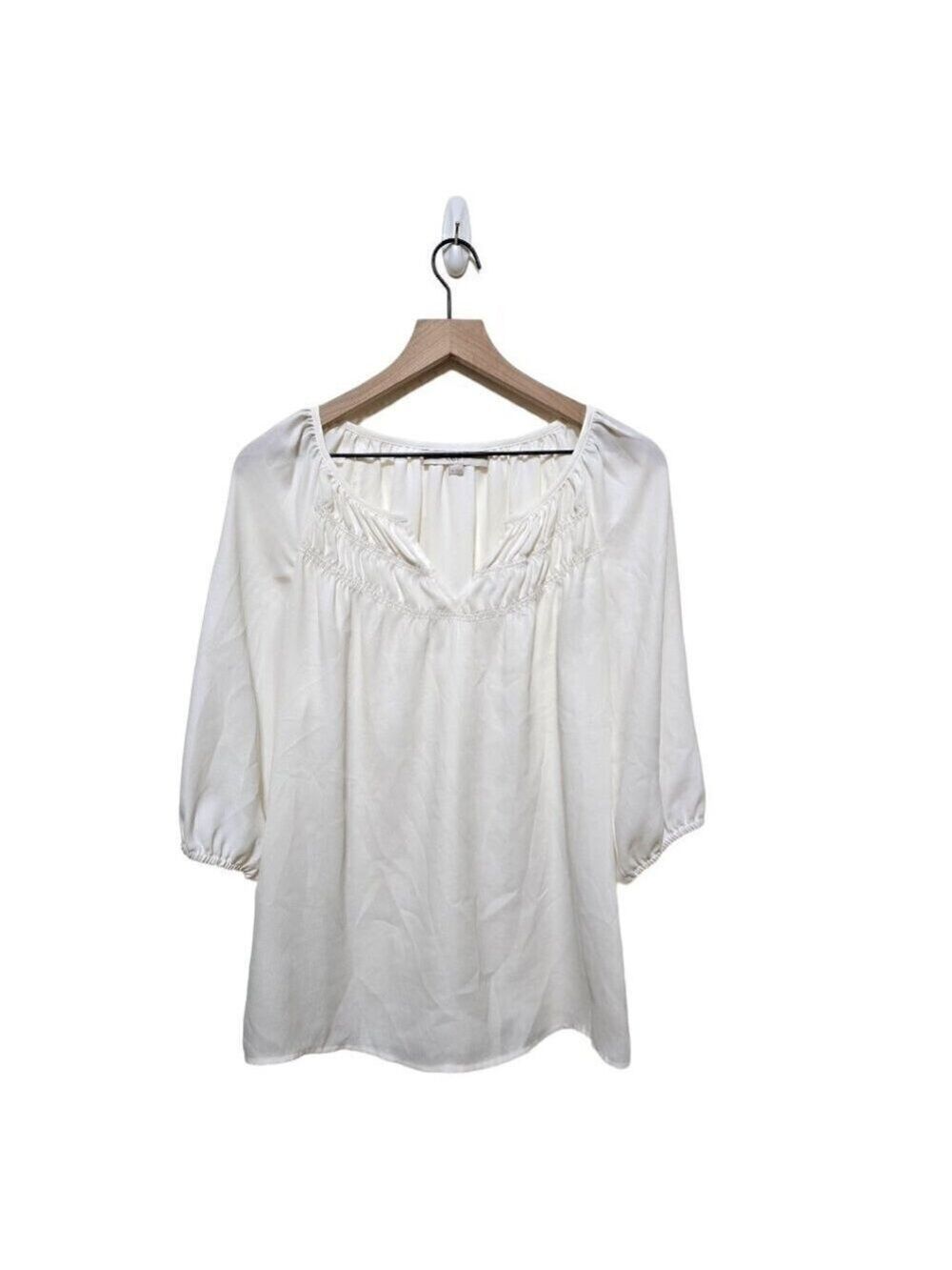 Loft Ivory V-Neck 3/4 Sleeve Boho Sheer Peasant Top Sz XS